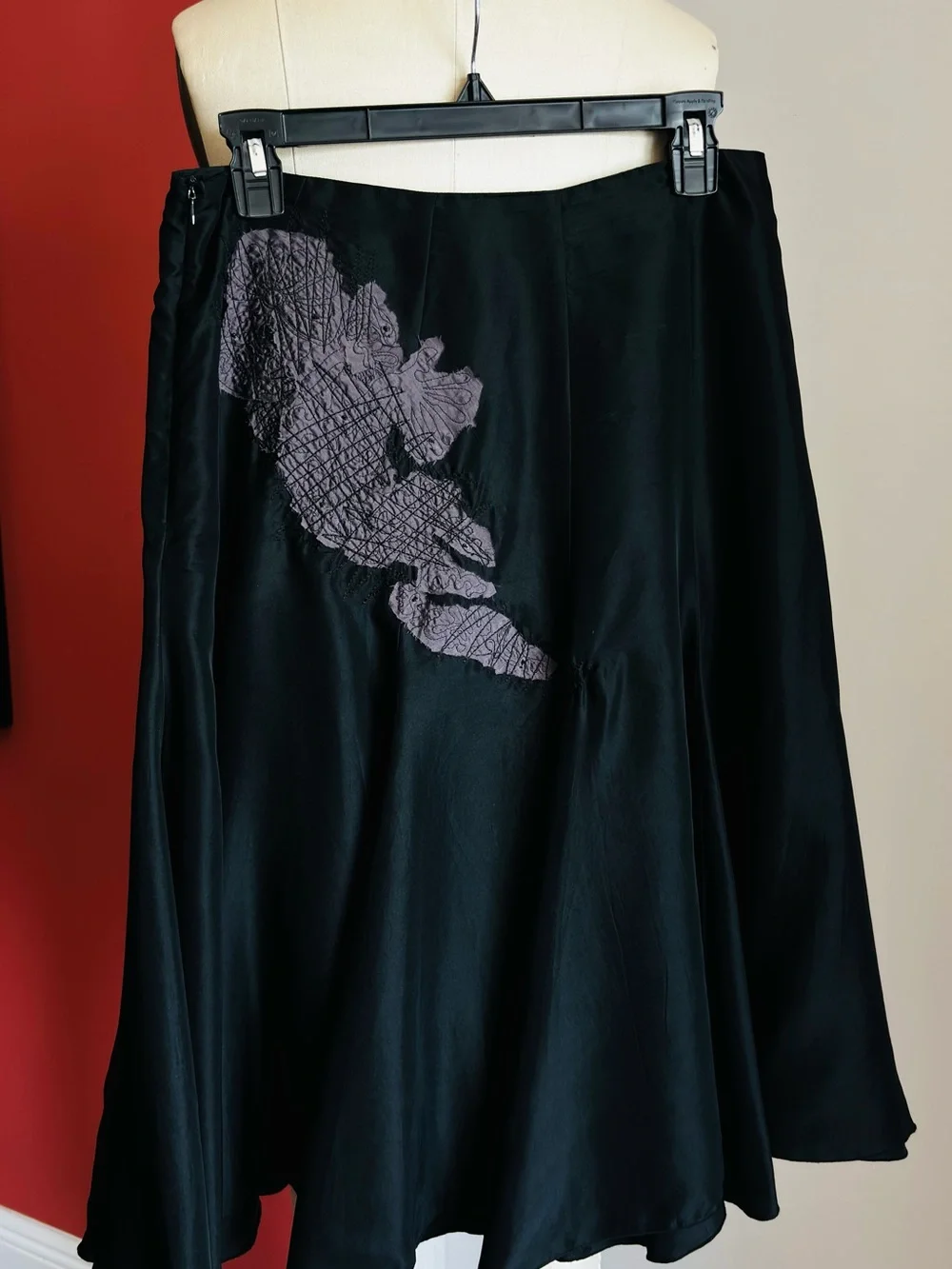 100% SILK - bebe Black A-Line Skirt with Gray Lace Panel